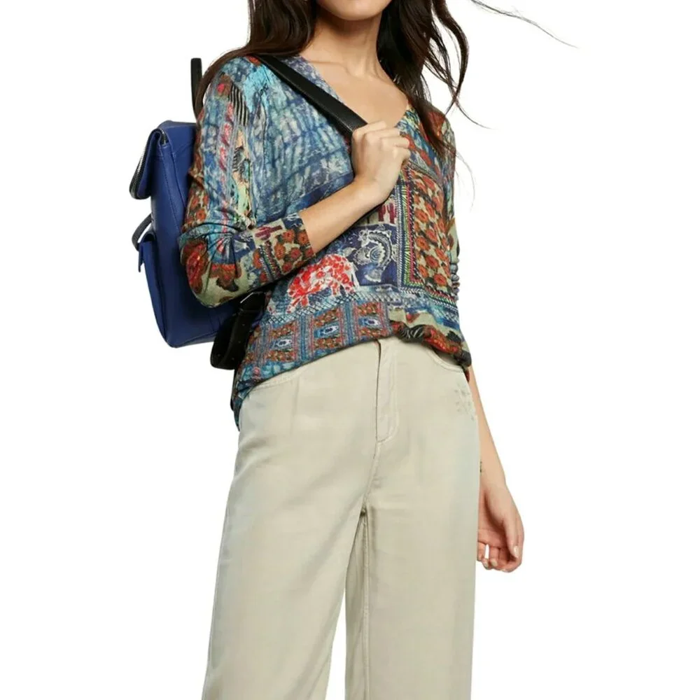 Desigual Soft Wool Safari Abstract V Neck Sweater